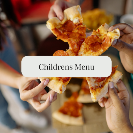 Hands reaching for pizza slices above a children's menu on a table.